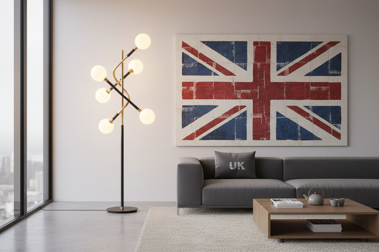 generate a room with a good lightining lamp and logo of uk 